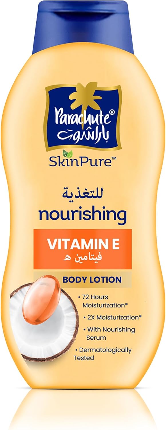 لوشن للجسم سكين بيور بفيتامين E من باراشوت، واقي من الأشعة فوق البنفسجية فئة A وB بمزيج من فيتامين E وزيت جوز الهند البكر لتغذية البشرة وترطيب يدوم لـ 72 ساعة للبشرة شديدة الجفاف - 400 مل