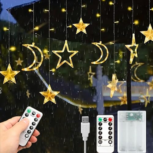 سلسلة أضواء رمضان للزينة للمنزل على شكل نجمة وقمر بـ 8 أوضاع مقاومة للماء مناسبة للنافذة والفناء الخلفي والحديقة والمنزل وديكور من بوميفار تصميم 1