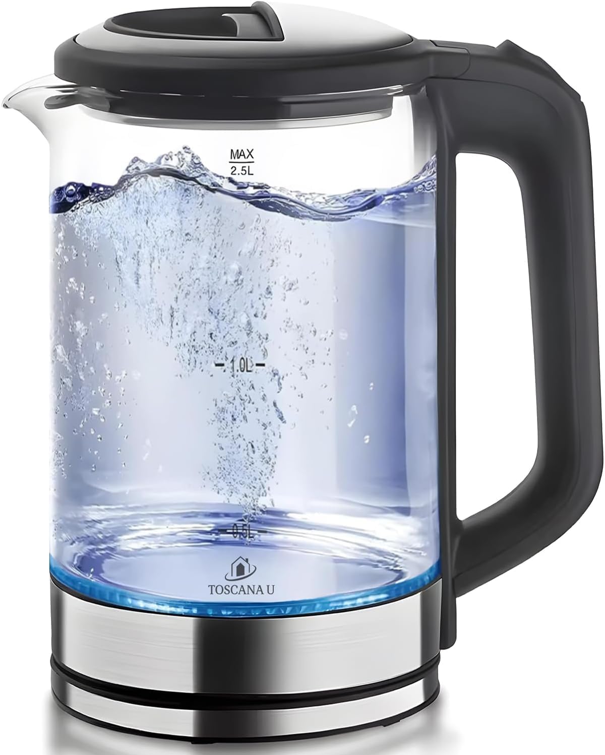 غلاية كهربائية بوعاء من الزجاج وهيكل زجاجي شفاف، قدرة 1500 واط، سعة 2.5 لتر، ايقاف تلقائي وحماية من الغليان الجاف