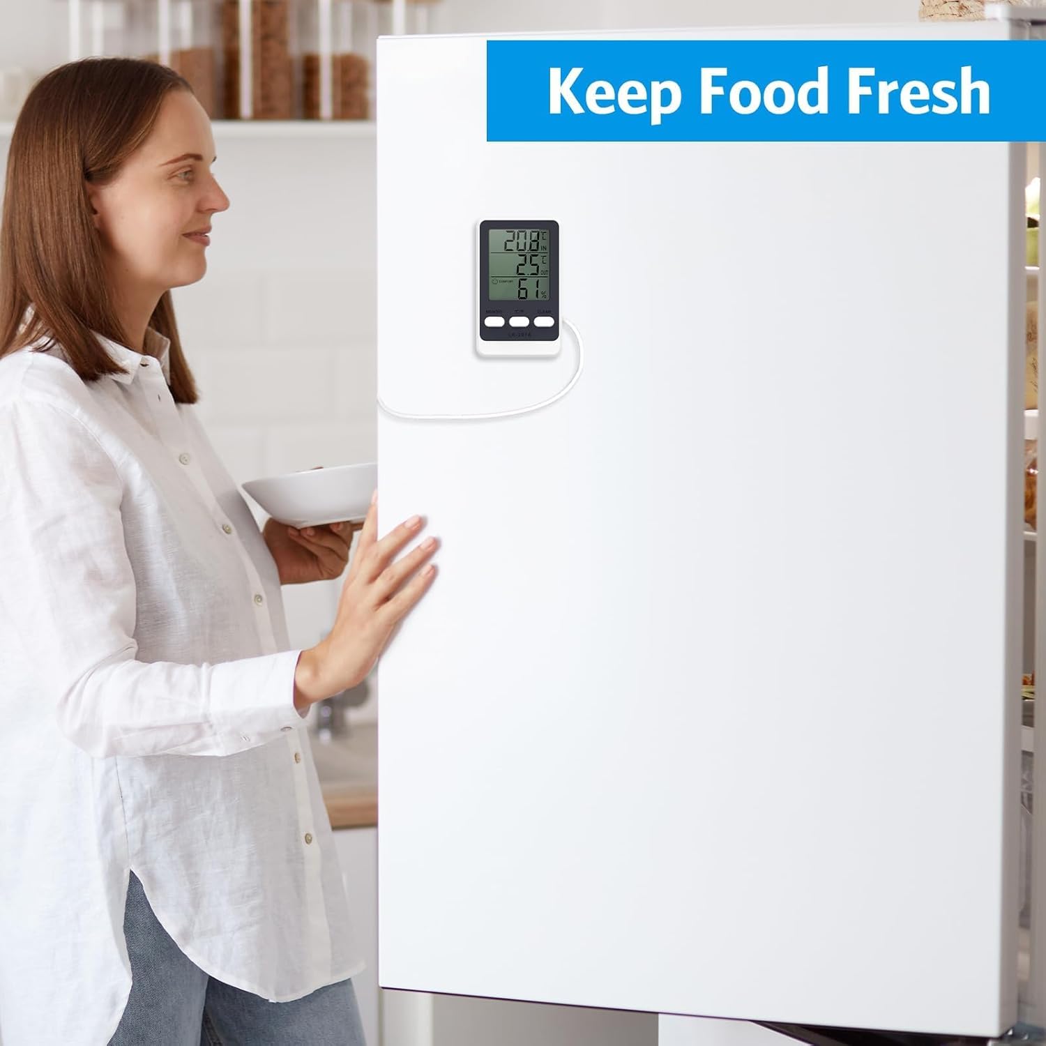 ميزان حرارة رقمي للثلاجة، جهاز مراقبة درجة الحرارة لاسلكي مع مستشعر مسبار، شاشة HD، تسجيلات الحد الأدنى/الاقصى، مفتاح للثلاجة والفريزر للاستخدام الداخلي والخارجي من ابوتو 17