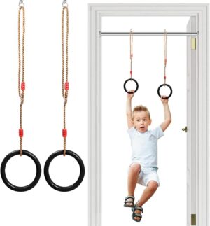 حلقات جمباز خشب للاطفال، سحب للاطفال للتسلق بحزام حبل مشبك قابل للتعديل، حلقة تعليق يدوية داخلية، قضيب ارجوحة مقاوم للانزلاق في المنزل واللياقة البدنية والتدريب صالة الالعاب الرياضية، أسود