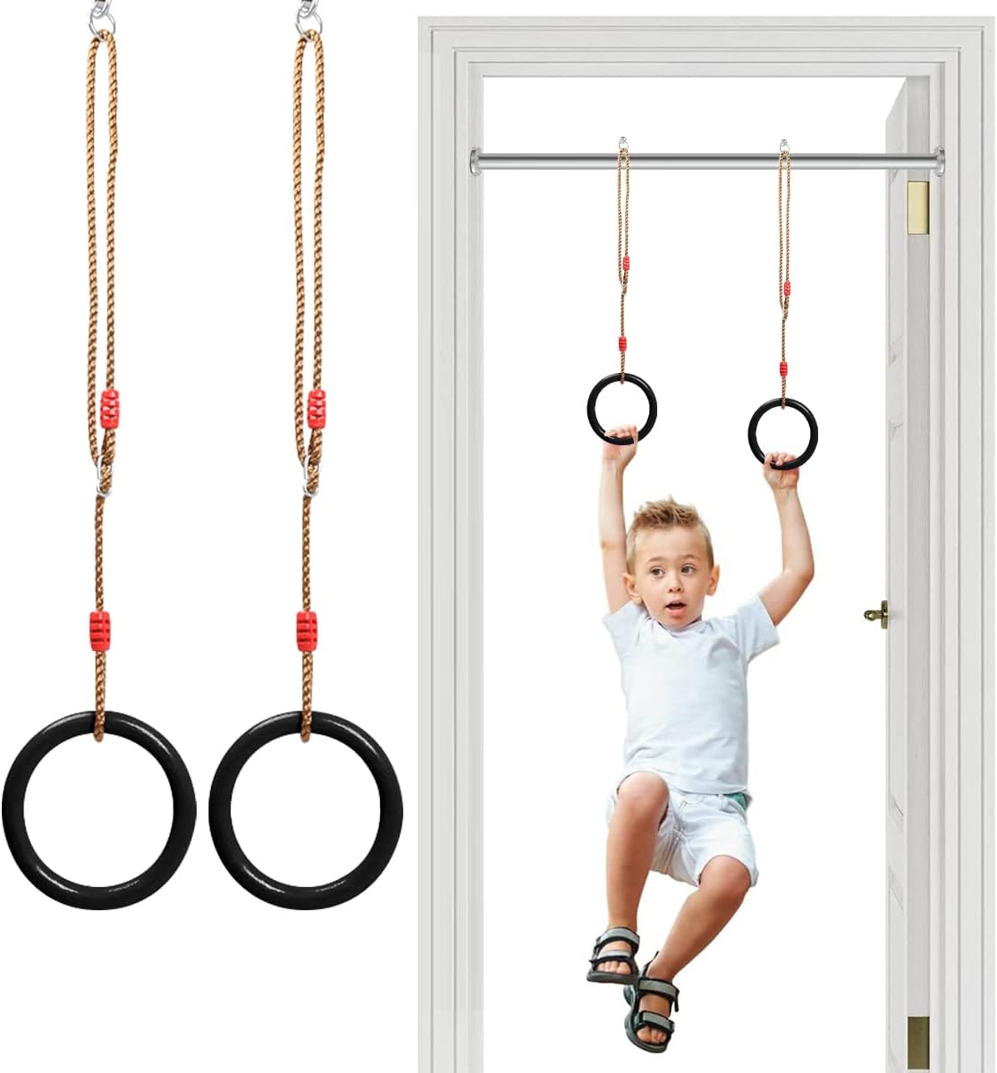 حلقات جمباز خشب للاطفال، سحب للاطفال للتسلق بحزام حبل مشبك قابل للتعديل، حلقة تعليق يدوية داخلية، قضيب ارجوحة مقاوم للانزلاق في المنزل واللياقة البدنية والتدريب صالة الالعاب الرياضية، أسود
