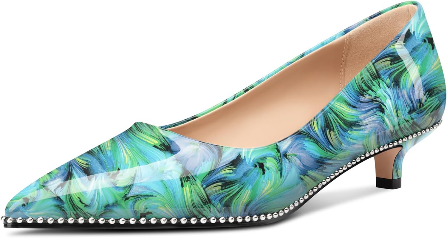 حذاء للنساء بكعب منخفض ومقدمة مدببة مزين بالخرز بكعب صغير 3.5 سم سهل الارتداء ومريح للعمل والمناسبات الرسمية من اتشكول، فضي