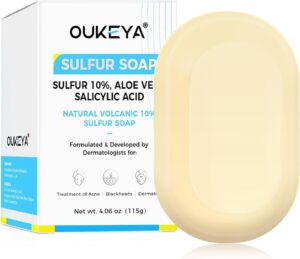 اوكييا صابون كبريت للوجه لعلاج حب الشباب بالكبريت بنسبة 10% وحمض الساليسيليك 2% وحليب الماعز وشجرة الشاي وحمض هيا من الدرجة الصيدلانية