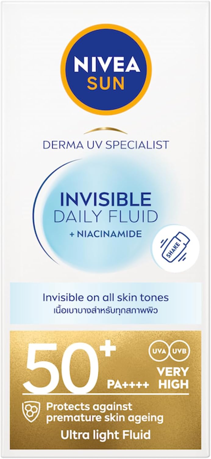 واقي شمس انفيزابل ديلي فلويد خفيف للوجه بعامل حماية من الشمس 50+، بتركيبة شفافة وخفيفة وغير دهنية مع النياسيناميد مناسب لجميع أنواع البشرة من نيفيا، 40 مل