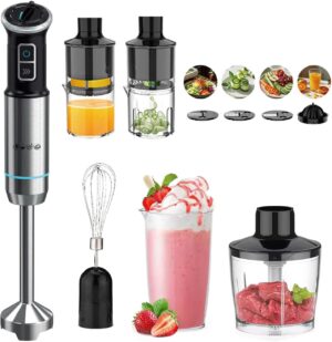 خلاط يدوي 8 في 1 بقدرة 1500 واط و5 سرعات مع دورق 800 مل ومفرمة وخفق بيض وشفرات من الستانلس ستيل للحساء والسموذي ومحضر الطعام المهروس