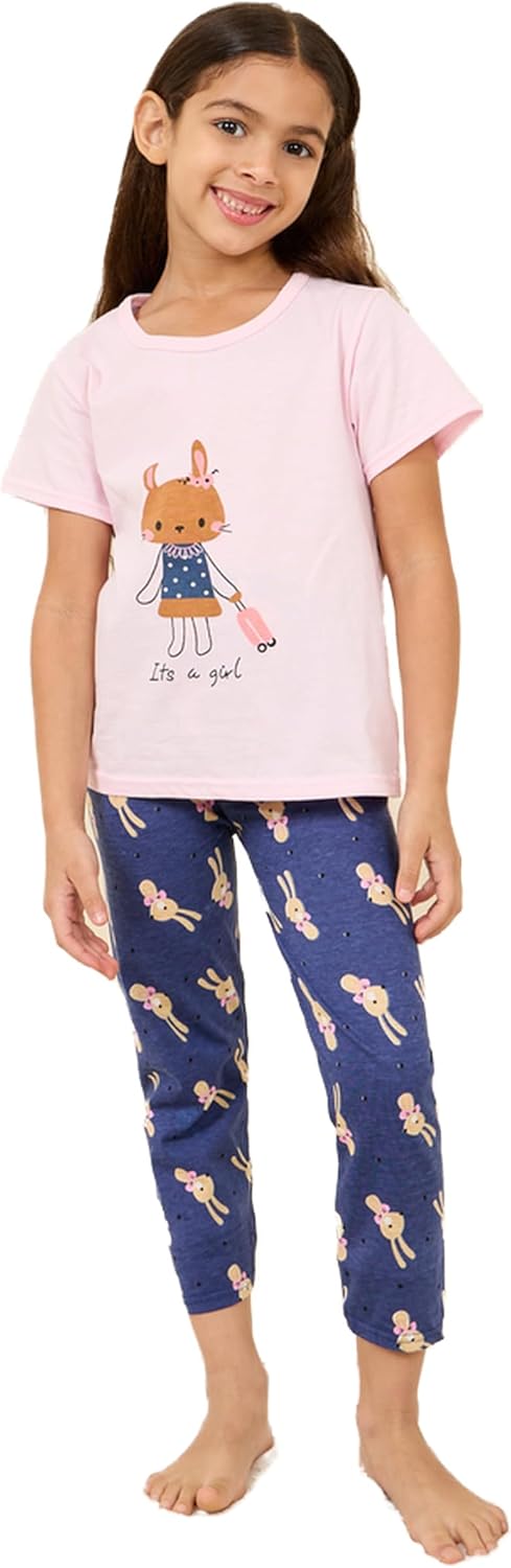 Styli Girls Cartoon Printed T-Shirt And Aop Pyjama Set