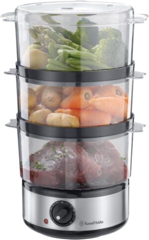 راسل هوبز جهاز طهي طعام كهربائي بالبخار من 3 طبقات، 7 لتر سلال قابلة للتكديس خالية من البيسفينول ايه، امنة للاستخدام في غسالة الصحون مع وعاء ارز، مؤقت 60 دقيقة، طهي صحي 400 واط وموفر للطاقة - 14453