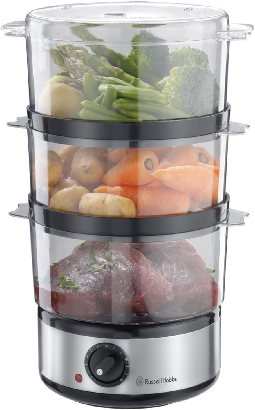 راسل هوبز جهاز طهي طعام كهربائي بالبخار من 3 طبقات، 7 لتر سلال قابلة للتكديس خالية من البيسفينول ايه، امنة للاستخدام في غسالة الصحون مع وعاء ارز، مؤقت 60 دقيقة، طهي صحي 400 واط وموفر للطاقة - 14453