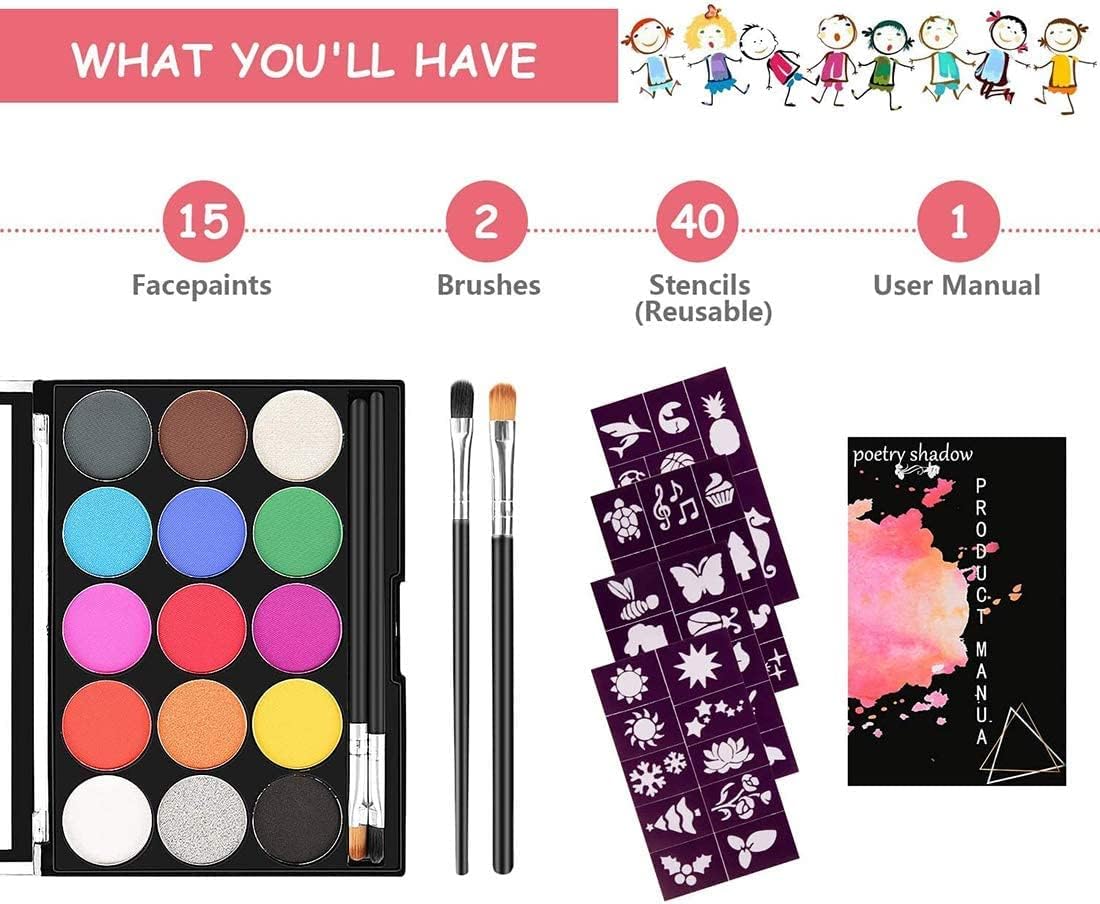 مجموعة طلاء وجه للاطفال من الميكاكوزو مكونة من 15 لون مع فرشاة واحدة، طلاء وجه احترافي غير لاصق، طلاء للجسم، طلاء مائي منخفض الحساسية، مناسب للعب الادوار في الحفلات 11 61tQG79hjDL. AC SL1100
