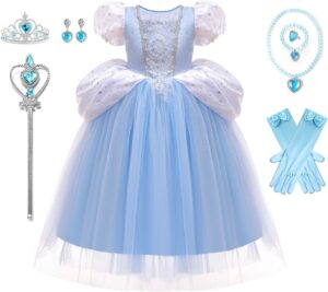 فستان الأميرة للأطفال البنات مع اكسسوارات من يلا بيبي، فستان حفلات مع تاج وعصا وقلادة وقفازات، لون أزرق، 90-150 سم، من عمر 2-12 سنة
