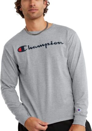 تيشيرت كلاسيك باكمام طويلة مطبع بكتابة نص للرجال من شامبيون، قماش جورسيه