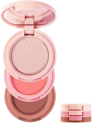 باليت مكياج ثلاثية قابلة للمزج 3 في 1 للكونتور والبلش، كريم برونزر، بودرة خدود ناعمة حريرية، بودرة هايلايتر لامعة، باليت ظلال عيون بينك وبني
