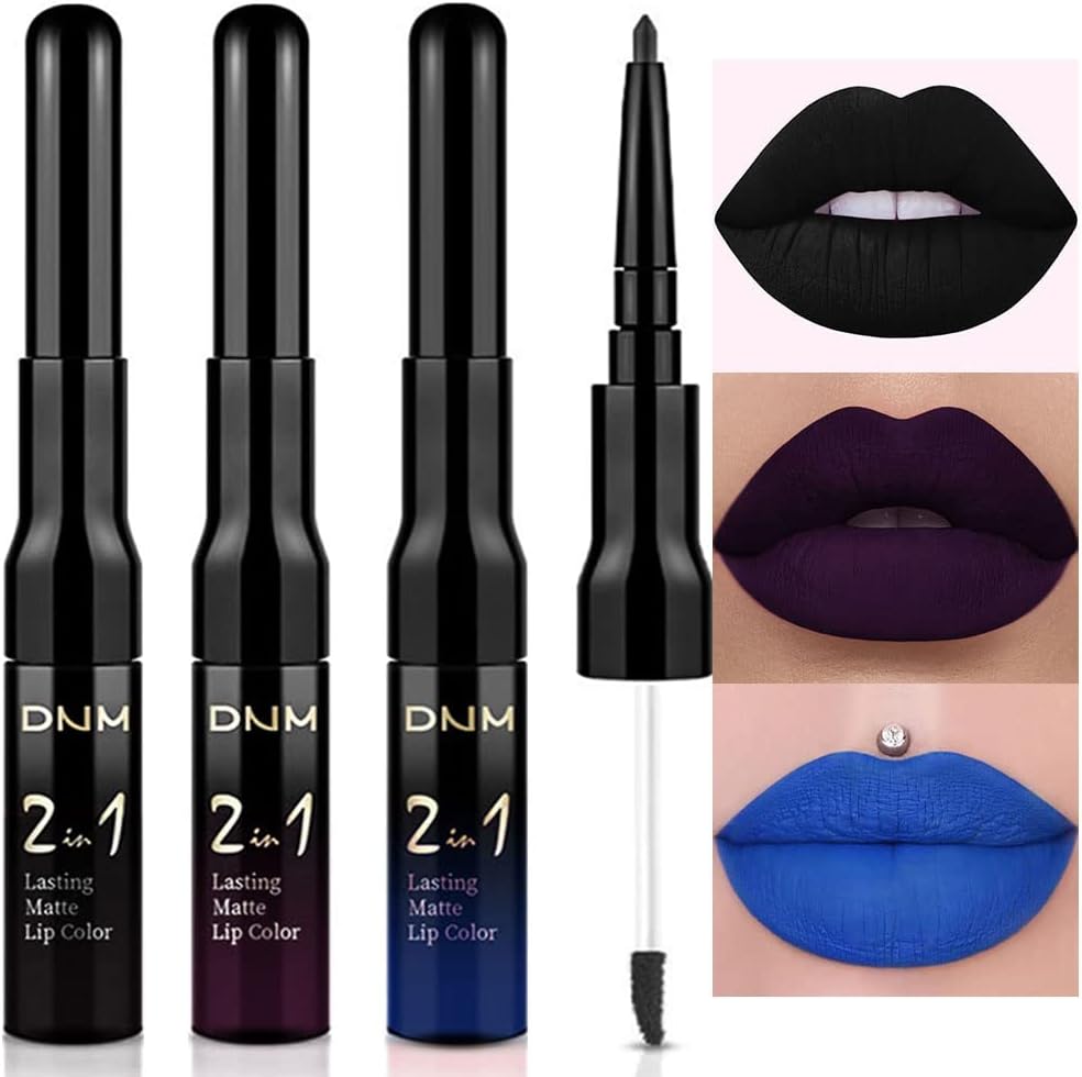مجموعة احمر شفاه سائل وقلم تحديد مات داكن من دي ان ام 3 قطع ثابت يدوم 24 ساعة بلون ازرق واسود وارجواني ملمع للسمراوات مقاوم للماء ويدوم طويلا