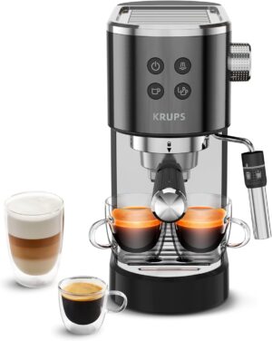 Krups Virtuoso+ Espresso Pump Machine, 15 Barista, Thermoblock, Stainless Steel, Steam Nozzle, Automatic Shut-off, Espresso & Cappuccino, Barista Quality, Steam Nozzle XP444G10