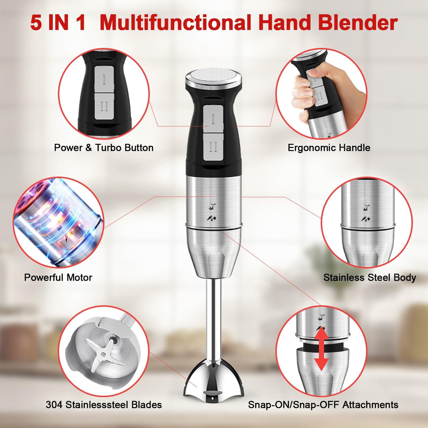 خلاط يدوي 5 في 1 من اكسكيموس، 4 شفرات مطورة، خلاط بعصا من الستانلس ستيل بسرعتين، كوب خلط 800 مل، محضر طعام 500 مل، خفاقة، هراسة، فرم، تحكم في الرذاذ (اسود) 14 711Hsg5fogL. AC SL1500