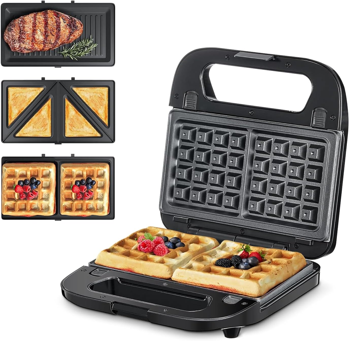 ماكينة صنع الساندويتشات 1200 واط 3 في 1، متعددة الاستخدامات وقابلة للتبديل مع 2 شريحة شواء غير لاصقة ومقبض ونظام قفل ومؤشر ضوء، حماية من الحرارة الزائدة من سوكاني