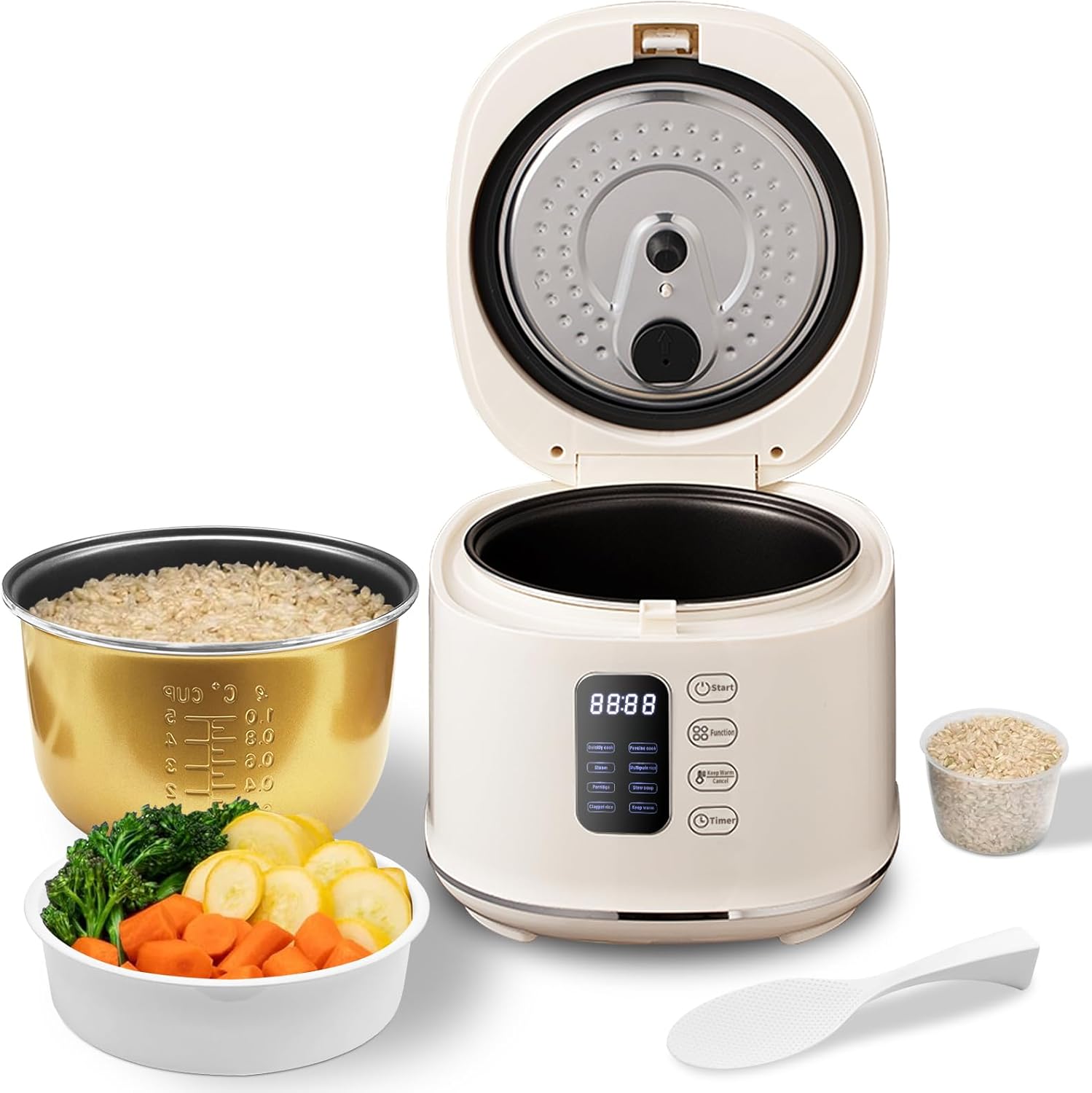 جهاز طهي أرز سعة 2.5 لتر متعدد الوظائف بالبخار والطبخ المتكامل بمؤقت تشغيل لمدة 24 ساعة مناسب لشخصين إلى 3 أشخاص مع صينية بخار وأكواب قياس وملعقة من يوركربو، سعة 2.5 لتر، لون أبيض