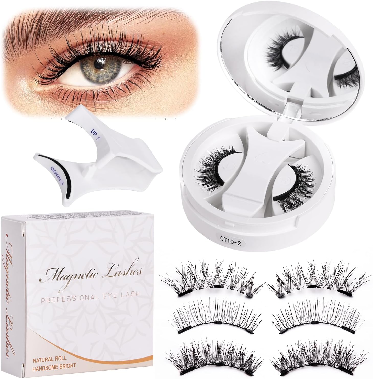 رموش مغناطيسية مع اداة تطبيق، رموش مغناطيسية ناعمة مطورة بمظهر طبيعي بدون قلم تحديد العين لا تحتاج الى صمغ، قابلة لاعادة الاستخدام ومقاومة للماء لراحة طوال اليوم (CT10-2)