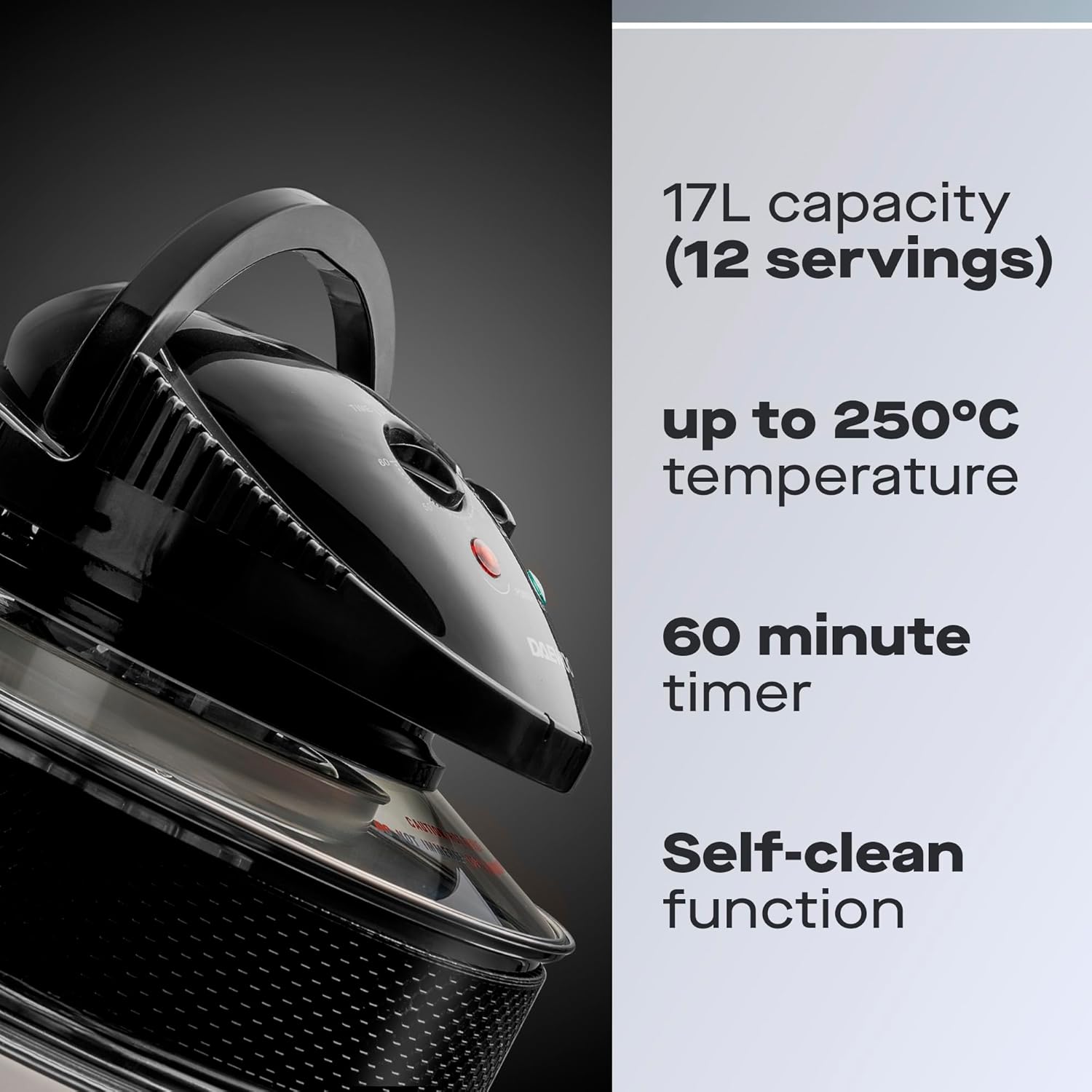 دايو مقلاة هوائية هالوجين 17 لتر مع حلقة تمديد، موديل 2025 - سعة عائلية كبيرة، تنظيف ذاتي، درجة حرارة ومؤقت قابلين للتعديل، تتضمن رفوف وسلال شبكية وملاقط وملحقات 9