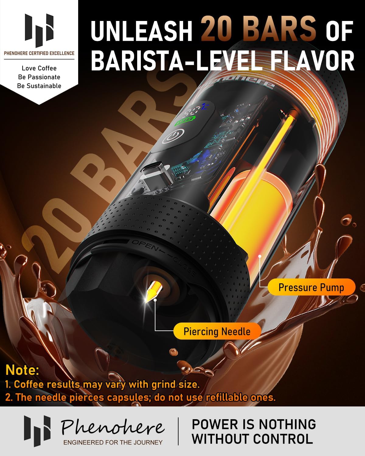 ماكينة إسبريسو كهربائية محمولة 6 في 1 - ماكينة قهوة ذاتية التسخين بضغط 20 بار مع بطارية 7500 مللي أمبير وشاشة عرض متوافقة مع الكبسولات الكبيرة/الصغيرة ومسحوق القهوة للسفر والتخييم والسيارة والمكتب 12 71FkdgKCBqL. AC SL1500