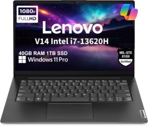 لابتوب أعمال لينوفو V14 جيل 4 بشاشة 14 بوصة FHD مضادة للتوهج، انتل 10-كور i7-13620H، رام 40 GB، SSD 1 TB، كاميرا ويب مع غطاء خصوصية، إيثرنت، واي فاي 6، HDMI، بلوتوث، ويندوز 11 برو مع كوبايلوت، أسود