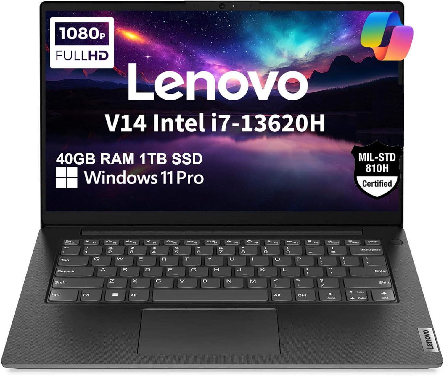 لابتوب أعمال لينوفو V14 جيل 4 بشاشة 14 بوصة FHD مضادة للتوهج، انتل 10-كور i7-13620H، رام 40 GB، SSD 1 TB، كاميرا ويب مع غطاء خصوصية، إيثرنت، واي فاي 6، HDMI، بلوتوث، ويندوز 11 برو مع كوبايلوت، أسود