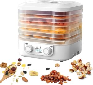 الة تجفيف الطعام من الميكاكوز، مجفف طعام للخضروات والفواكه مع 5 صواني، مجفف طعام بمؤقت قابل للتعديل وتحكم في درجة الحرارة للحوم والخضروات والحيوانات الاليفة والوجبات الخفيفة التي تصنعها بنفسك