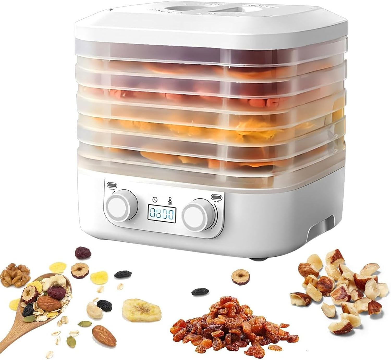 الة تجفيف الطعام من الميكاكوز، مجفف طعام للخضروات والفواكه مع 5 صواني، مجفف طعام بمؤقت قابل للتعديل وتحكم في درجة الحرارة للحوم والخضروات والحيوانات الاليفة والوجبات الخفيفة التي تصنعها بنفسك