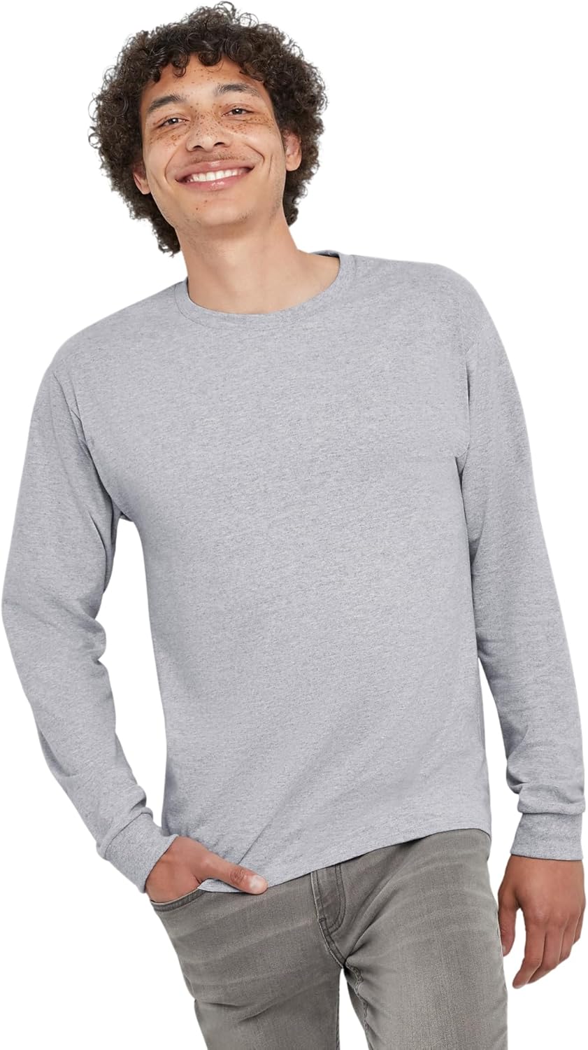 تيشيرت اسنشيالز بأمام طويلة للرجال من هانس عبوة اقتصادية 4 قطع مجموعة بأكمام ورقبة دائرية بدون طوق