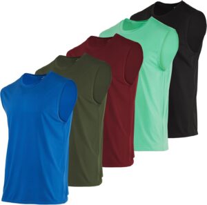 عبوة من 5 قطع من ريل اسينشالز: قمصان رياضية شبكية بدون اكمام اكتيف تك للرجال - ملابس رياضية للتمرين والتدريب