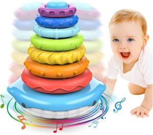 Soofam Stacking & Nesting Circle Toy, Infant Rainbow Stacking Rings with Sounds Newborn Toys for 1+ Year Old Boy Girl,Montessori Sensory Squeeze Play with Early Educational Learning Stacking Tower