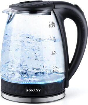 SOKANY 1500W Electric Kettle,2L Capacity,Quick Boiling, Lightweight Design, 360°Cordless Power Base, Auto Shut-Off, Boil-Dry Protection, Concealed Heating Plate