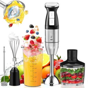 خلاط يدوي 5 في 1 من اكسكيموس، 4 شفرات مطورة، خلاط بعصا من الستانلس ستيل بسرعتين، كوب خلط 800 مل، محضر طعام 500 مل، خفاقة، هراسة، فرم، تحكم في الرذاذ (اسود)