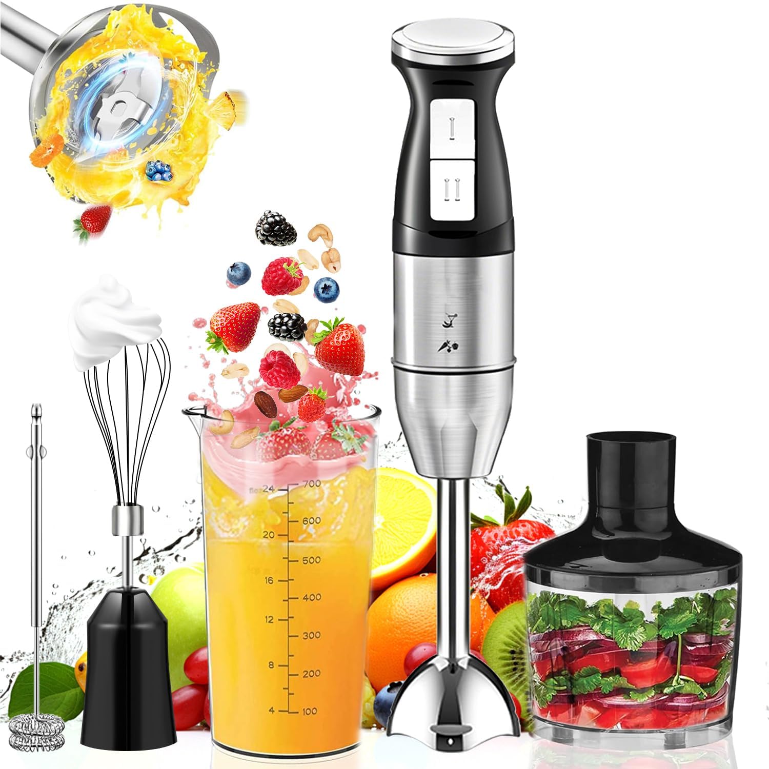 خلاط يدوي 5 في 1 من اكسكيموس، 4 شفرات مطورة، خلاط بعصا من الستانلس ستيل بسرعتين، كوب خلط 800 مل، محضر طعام 500 مل، خفاقة، هراسة، فرم، تحكم في الرذاذ (اسود) 9 خلاط يدوي 5 في 1 من اكسكيموس، 4 شفرات مطورة، خلاط بعصا من الستانلس ستيل بسرعتين، كوب خلط 800 مل، محضر طعام 500 مل، خفاقة، هراسة، فرم، تحكم في الرذاذ (اسود)