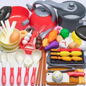 لعبة تقطيع الطعام للمطبخ للأطفال، ملحقات الفاكهة والخضروات التظاهرية مع سلة تخزين للتسوق، أطباق بلاستيكية صغيرة وسكين، لعبة تعليمية للأطفال الصغار (أحمر، 59 قطعة)