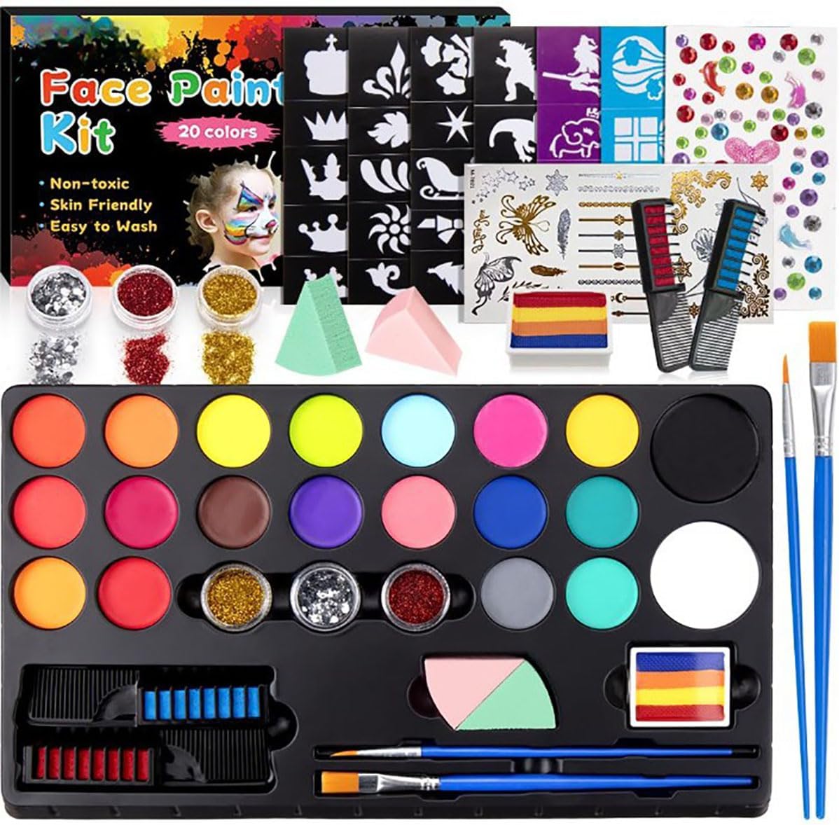 مجموعة طلاء وجه للاطفال من بابوريتش، 20 لون مائي غير سام مع استنسل وفرش، مجموعة طلاء وجه احترافية للحفلات قابلة للغسل لجميع الاطفال