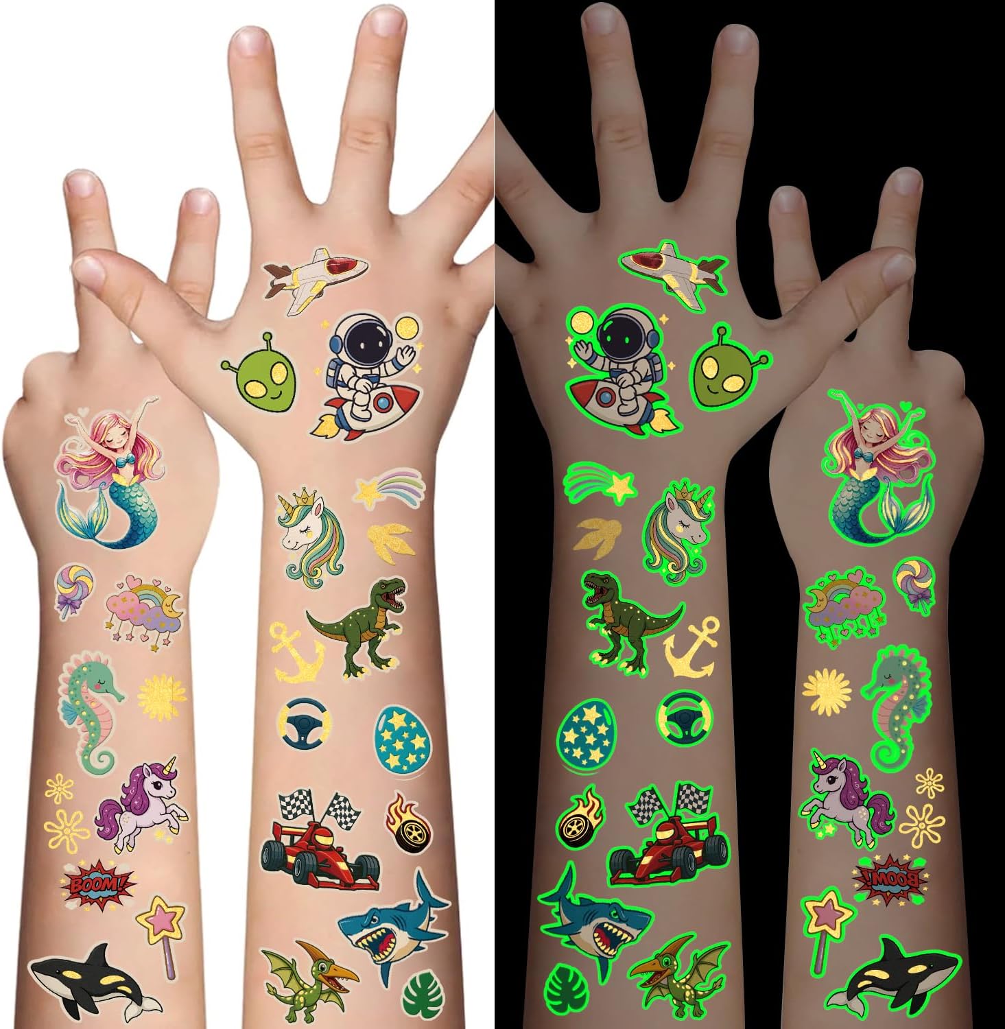 180 قطعة من التاتو المؤقت المتوهج في الظلام للاطفال الاولاد والبنات بتصميم شاحنة مضيئة وحورية البحر وحورية البحر وديناصور وسمك القرش وحيوانات الفضاء، ملصقات تاتو وهمية للعروض المدرسية واعياد الميلاد