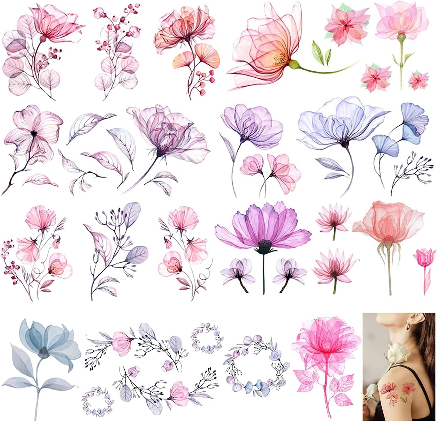 تاتو مؤقت على شكل زهور للفتيات والنساء، 10 ورقات سيوسى مزيفة بالوان مائية زنبق الورد، ملصقات تاتو مقاومة للماء للوجه والجسم والذراع للاطفال، هدايا حفلات اعياد الميلاد