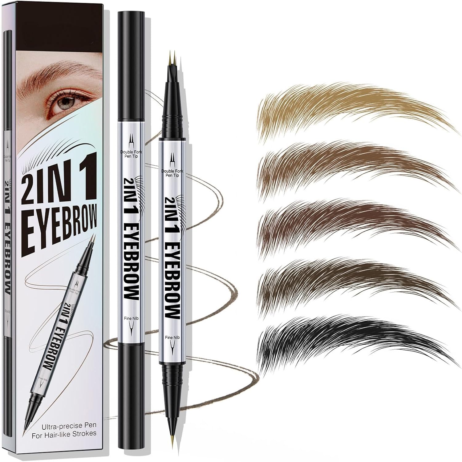 قلم حواجب مايكرو بليدينغ 2 في 1 مزدوج الاطراف مع راس شوكة وفرشاة دقيقة، يخلق حواجب طبيعية تشبه الشعر، مقاوم للماء، يدوم طوال اليوم، تشكيل محدد (اسود وبني)