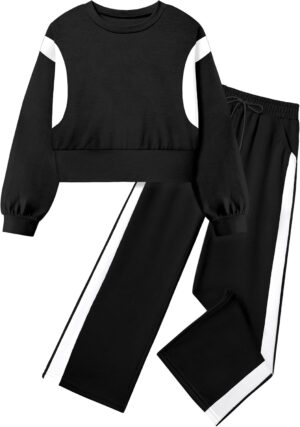 طقم ملابس للبنات من شالمو مكون من بلوفر مخطط بأكمام طويلة وسروال رياضي بأرجل واسعة للخريف والشتاء من قطعتين