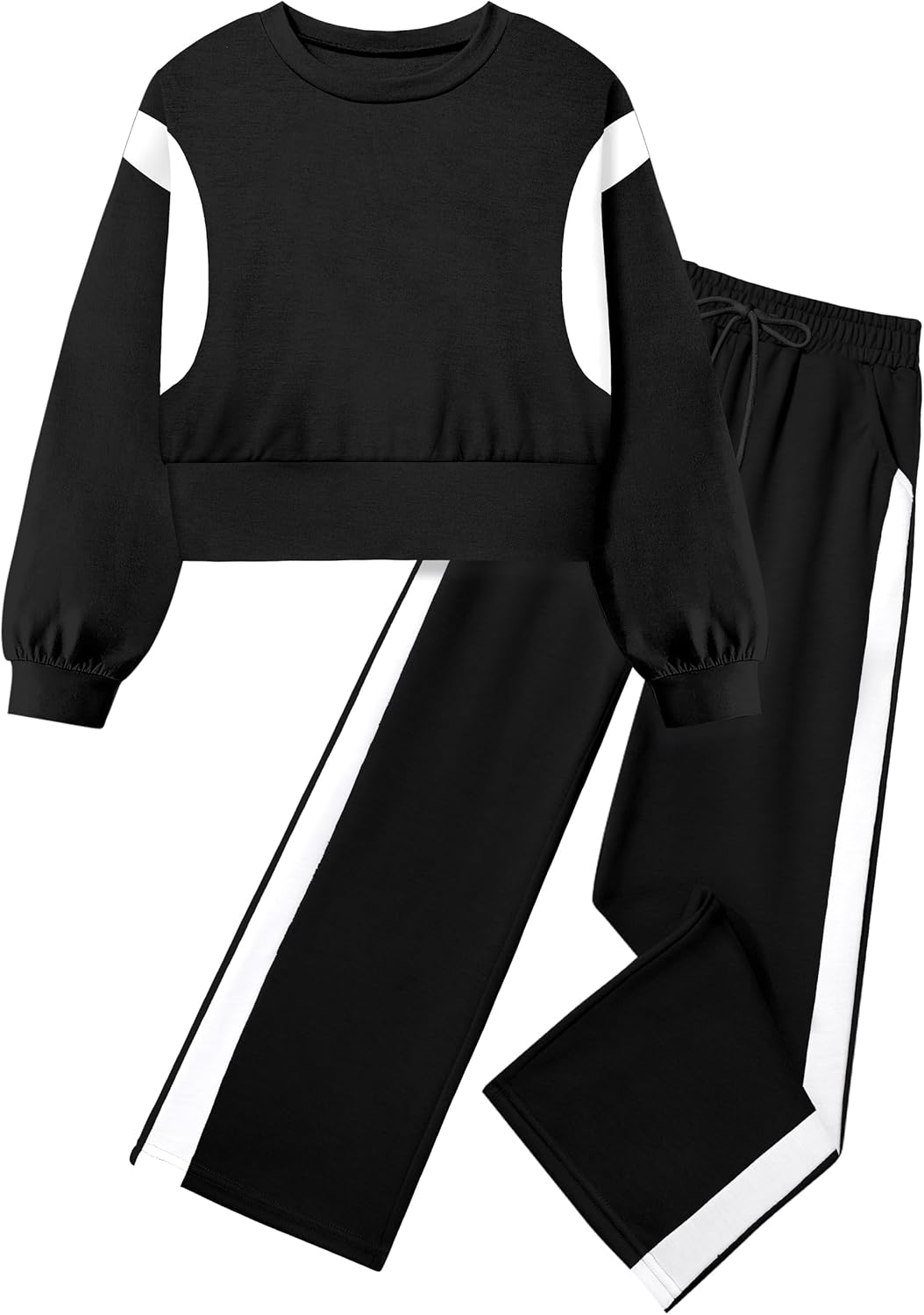 طقم ملابس للبنات من شالمو مكون من بلوفر مخطط بأكمام طويلة وسروال رياضي بأرجل واسعة للخريف والشتاء من قطعتين