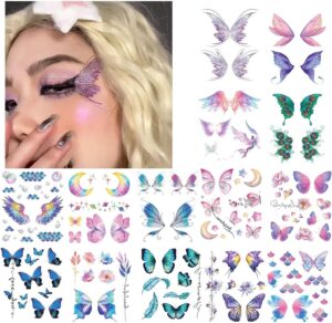 تاتو مؤقت لامع على شكل فراشة من تزويق، مكياج للوجه والعين، تاتو مزيف مقاوم للماء لحفلات المهرجانات والشاطئ وحمام السباحة مع اكثر من 100 نمط من الفراشات والزهور والجنيات وأجنحة الملائكة