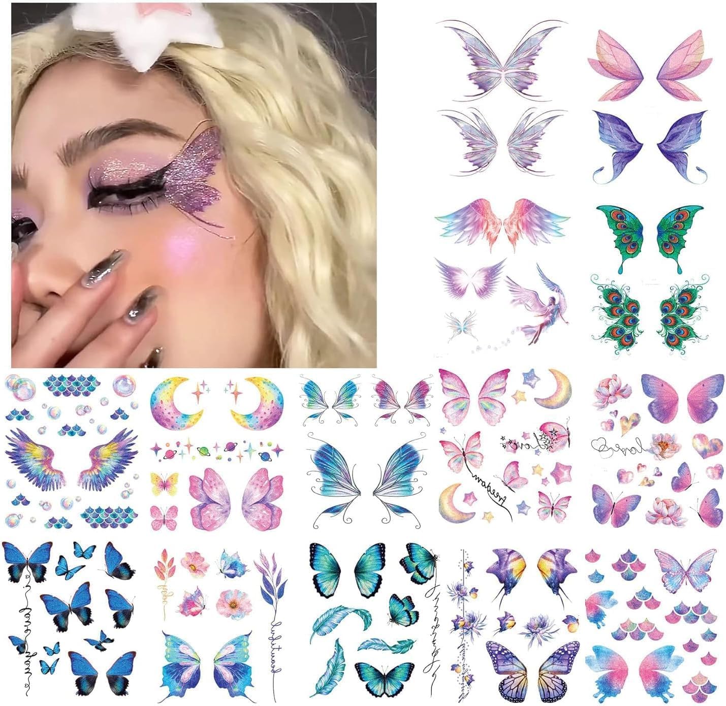 تاتو مؤقت لامع على شكل فراشة من تزويق، مكياج للوجه والعين، تاتو مزيف مقاوم للماء لحفلات المهرجانات والشاطئ وحمام السباحة مع اكثر من 100 نمط من الفراشات والزهور والجنيات وأجنحة الملائكة