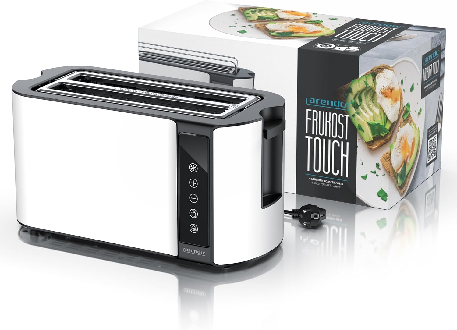 اريندو - محمصة خبز من الستانلس ستيل بفتحة طويلة 4 اقراص - شاشة لمس - غطاء مزدوج الجدار - ملحق ساندويتش مدمج - 7 درجات تحمير - مركز الخبز - الوقت المتبقي 14