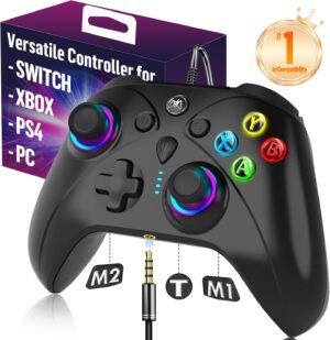 Ruibopad Kabelgebundener Controller für Xbox Series X|S, schwarzes Gamepad, kompatibel mit Xbox One/PS4/Switch/PC, mit RGB-Beleuchtung, Turbo-Funktion und Rückseitentasten