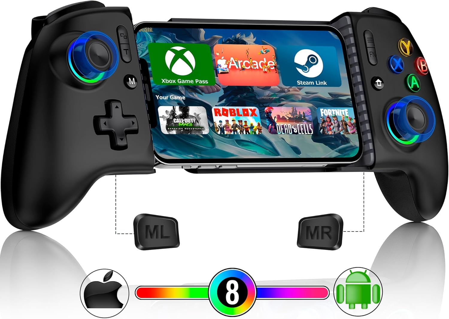 Handy Controller für Android/iPhone, Elegamefy Smartphone Controller mit Programmierbarem, Aufgerüstet Joystick ohne Totzonen, Led Licht