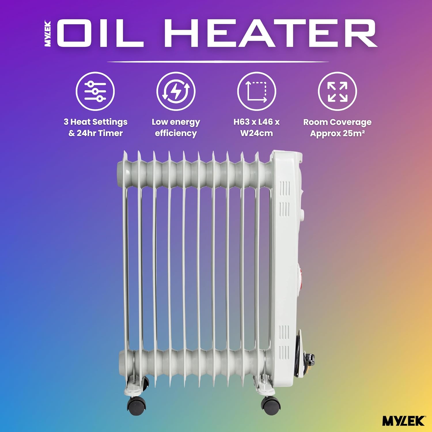 دفاية زيت من مايلك مع ثيرموستات (منظم حرارة) قابل للتعديل ومؤقت - 3 إعدادات للحرارة - دفاية محمولة كهربائية موفرة للطاقة بحماية من الانقلاب وقطع أمان (2500 واط، 2 كيلو واط) 12 71f94TIAf4L. AC SL1500