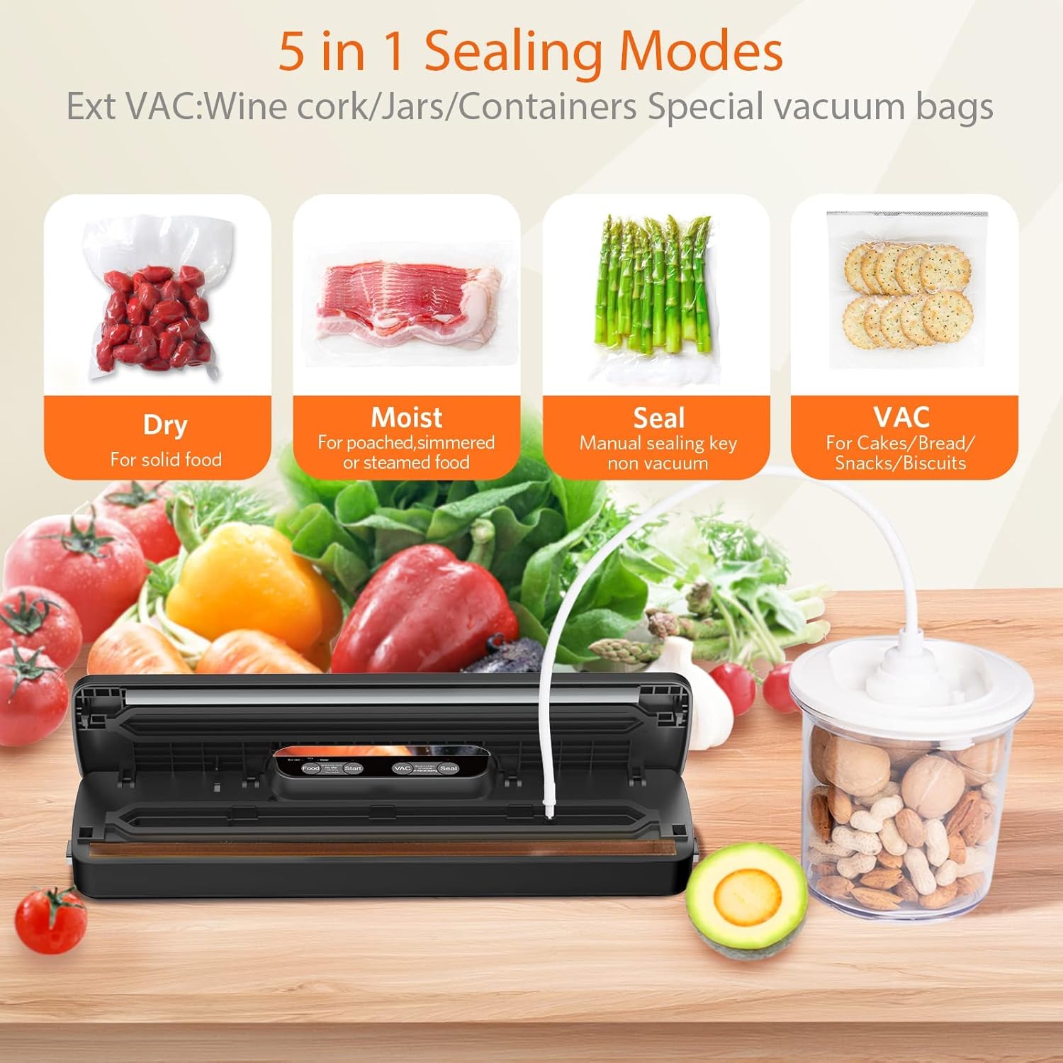 ماكينة تفريغ الهواء من تيريفي، ماكينة حفظ الطعام بتفريغ الهواء مع خيارات تلقائية ويدوية، 5 في 1 لحفظ الطعام مع اوضاع جافة ورطبة، اضواء مؤشر LED، تصميم صغير 10