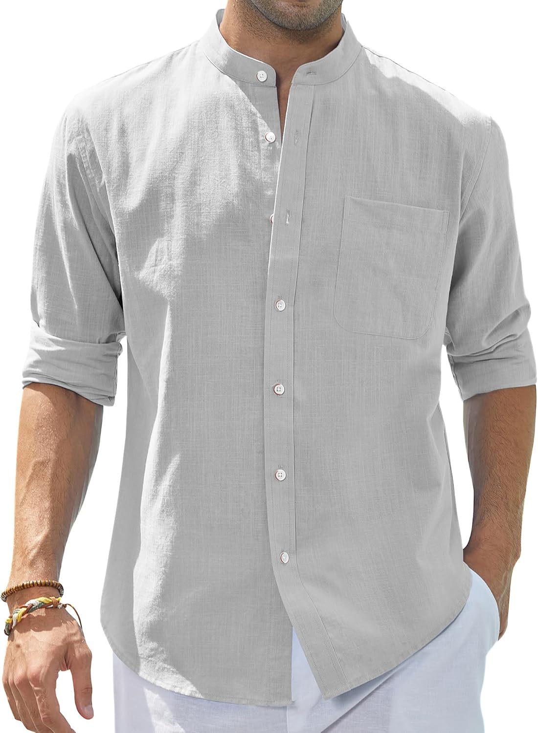 قميص كاجوال للرجال من جيه. فير مصنوع من القطن والكتان، قميص بأكمام طويلة وياقة برباط وأزرار أمامية للشاطئ والصيف مع جيب